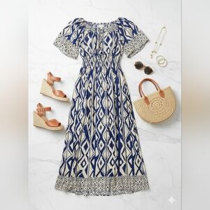 NWT Blue & Cream Boho Print Midi Dress – 1X